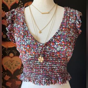 Patrons Of Peace Floral Flutter Sleeve Ruched Waist Crop Top Size M Boho